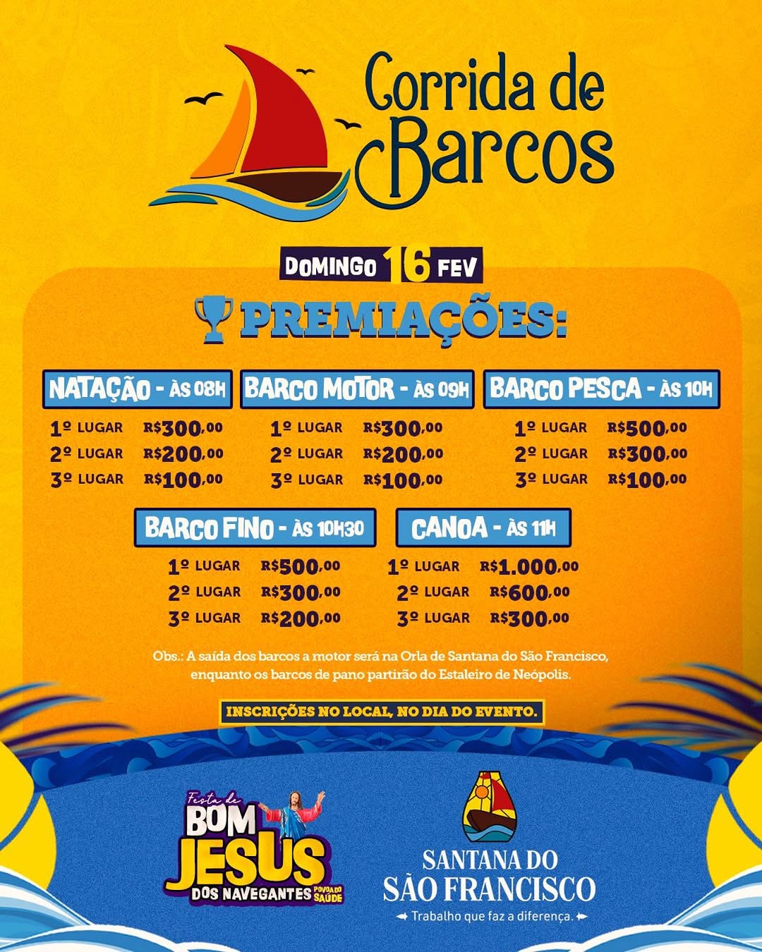 No dia 16 de fevereiro acontecerá a Corrida de Barcos!