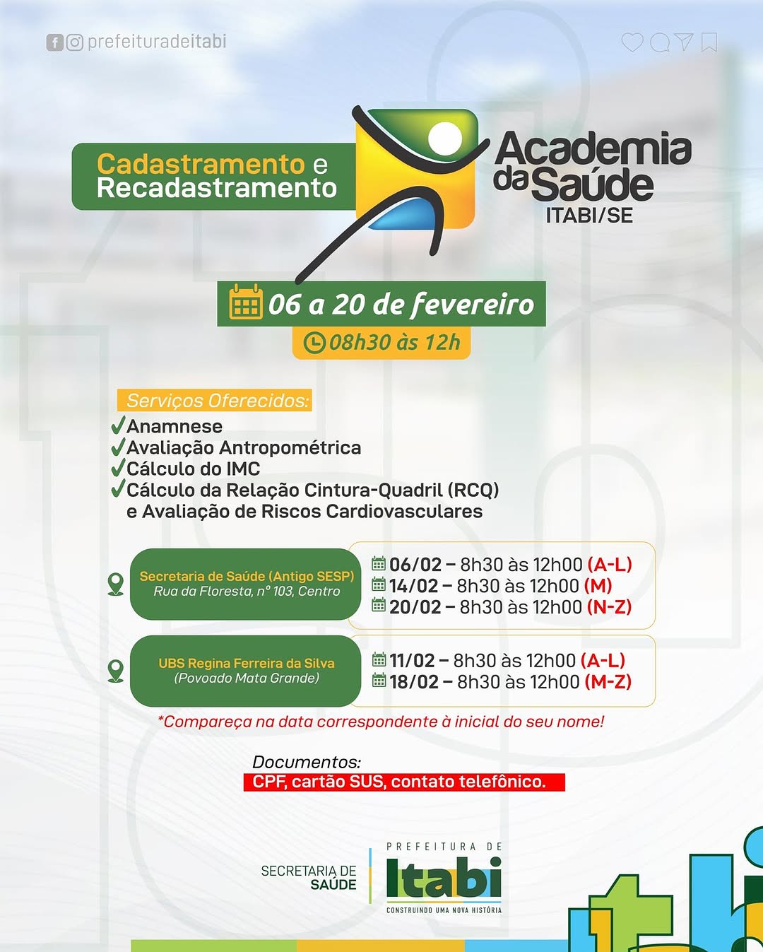 Cadastramento e Recadastramento da Academia da Saúde de Itabi