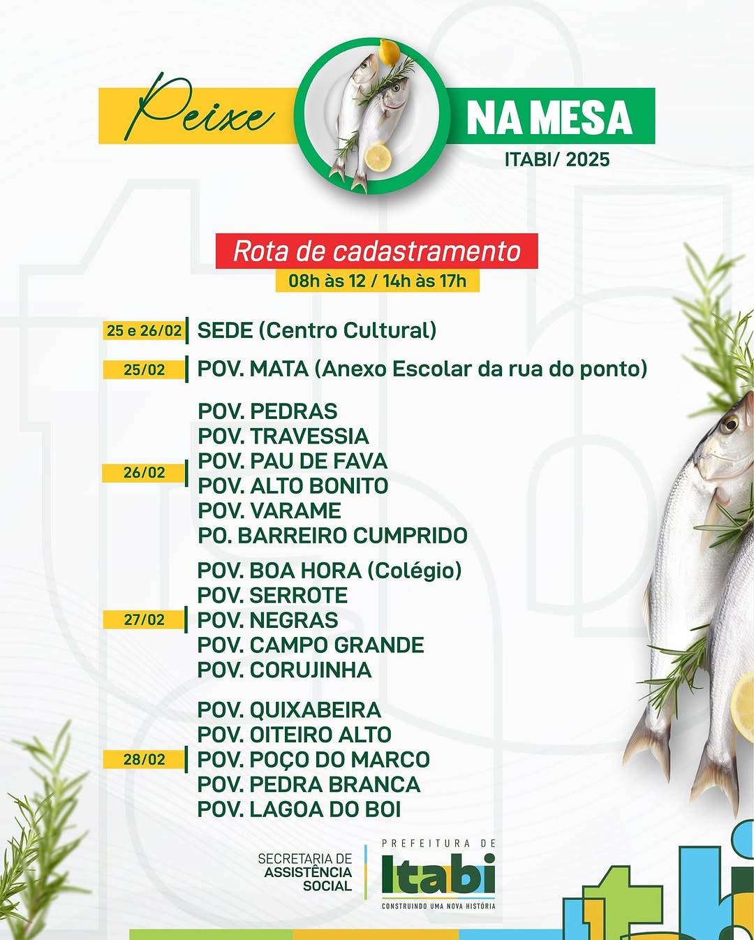 Secretaria de Assistência Social divulga cronograma de cadastramento do peixe da Semana Santa (Peixe na Mesa)