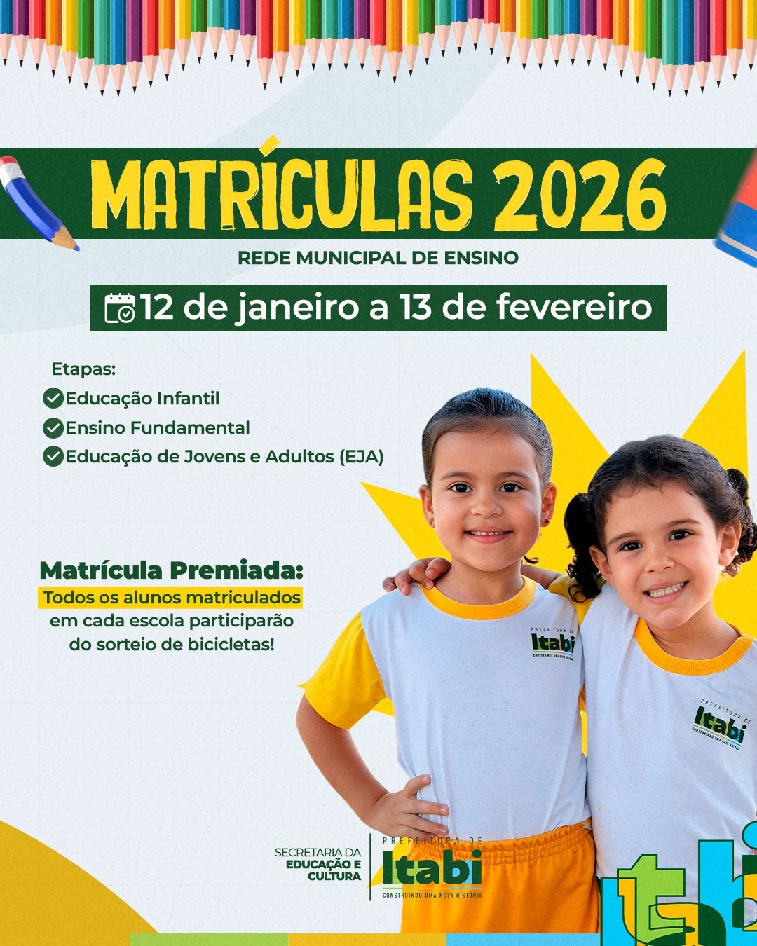 Início do Período de Matrículas para o ano letivo de 2026 na Rede Municipal de Ensino
