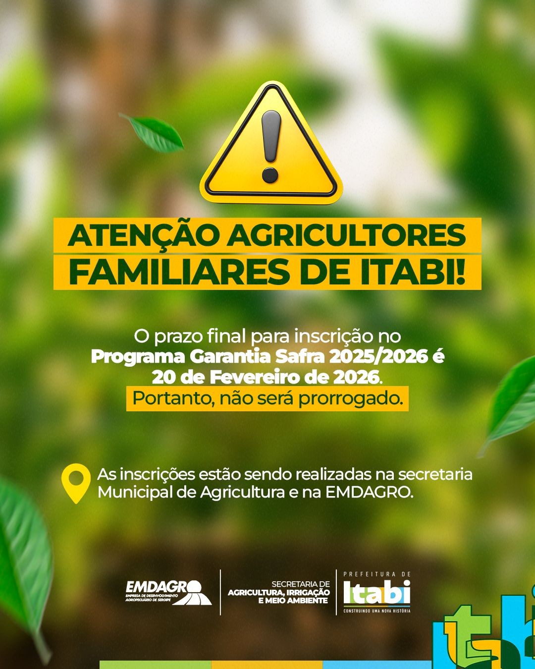 ATENÇÃO, AGRICULTORES FAMILIARES DE ITABI!