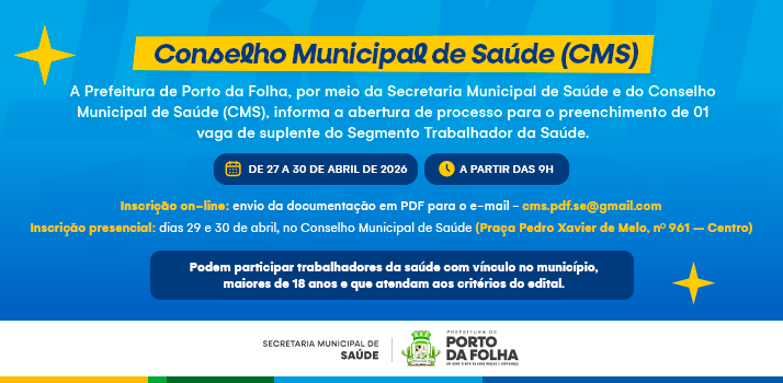 Aberto Edital de Convocação para Suplente do Segmento Trabalhador da Saúde do CMS.
