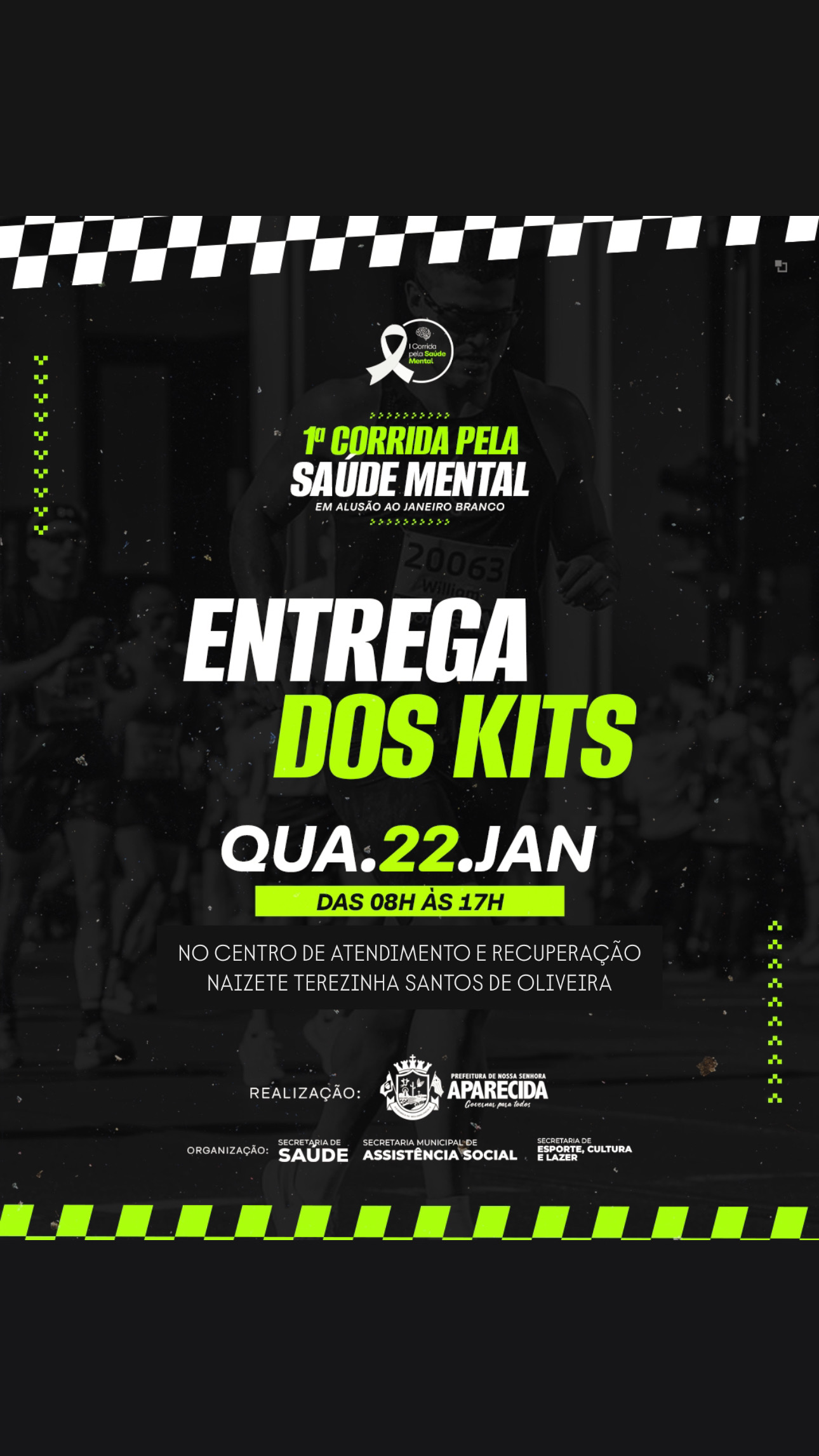 1ª Corrida pela Saúde Mental: entrega dos Kits será entregue nesta quarta-feira, dia 22.