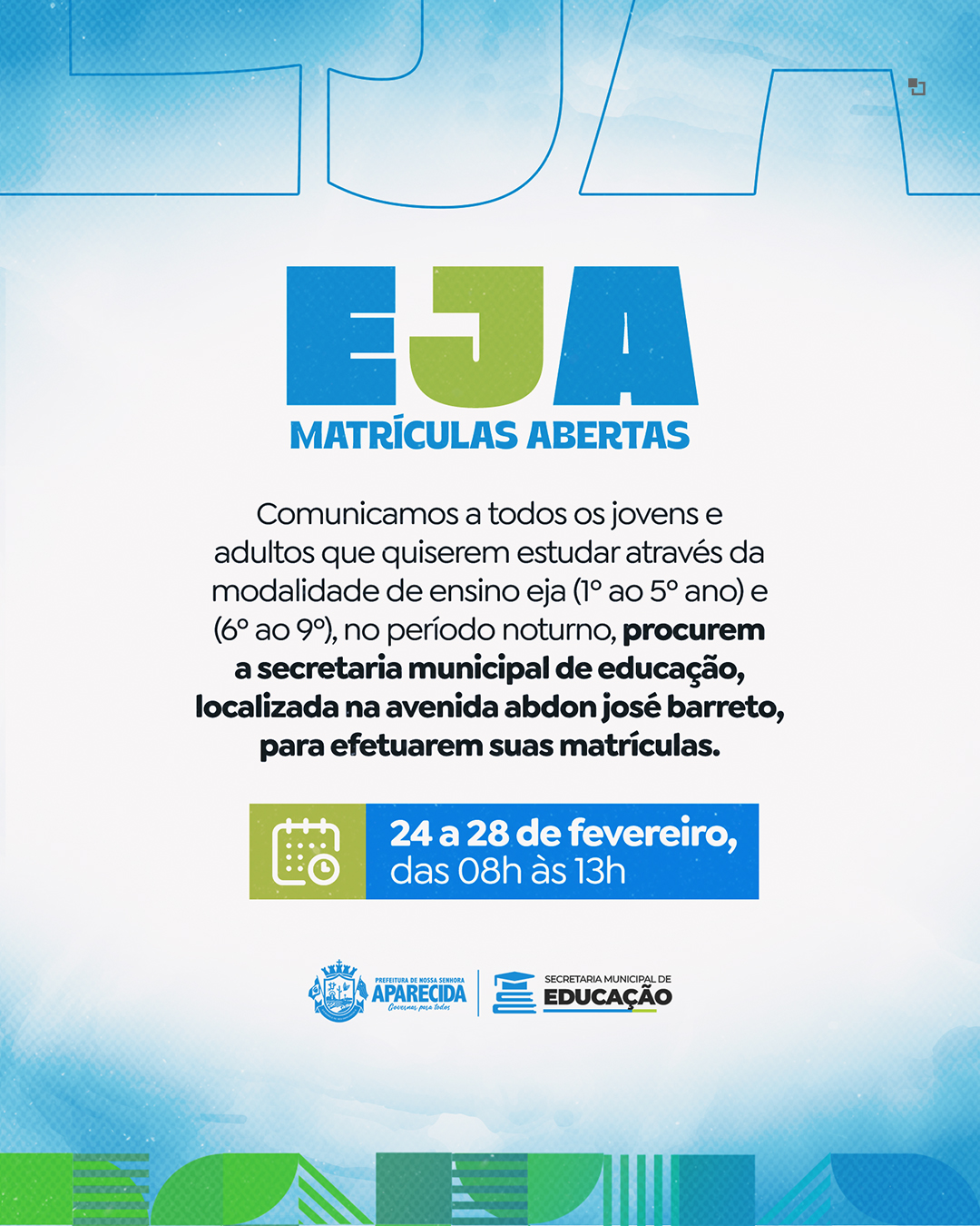 Inscrições abertas para o EJA