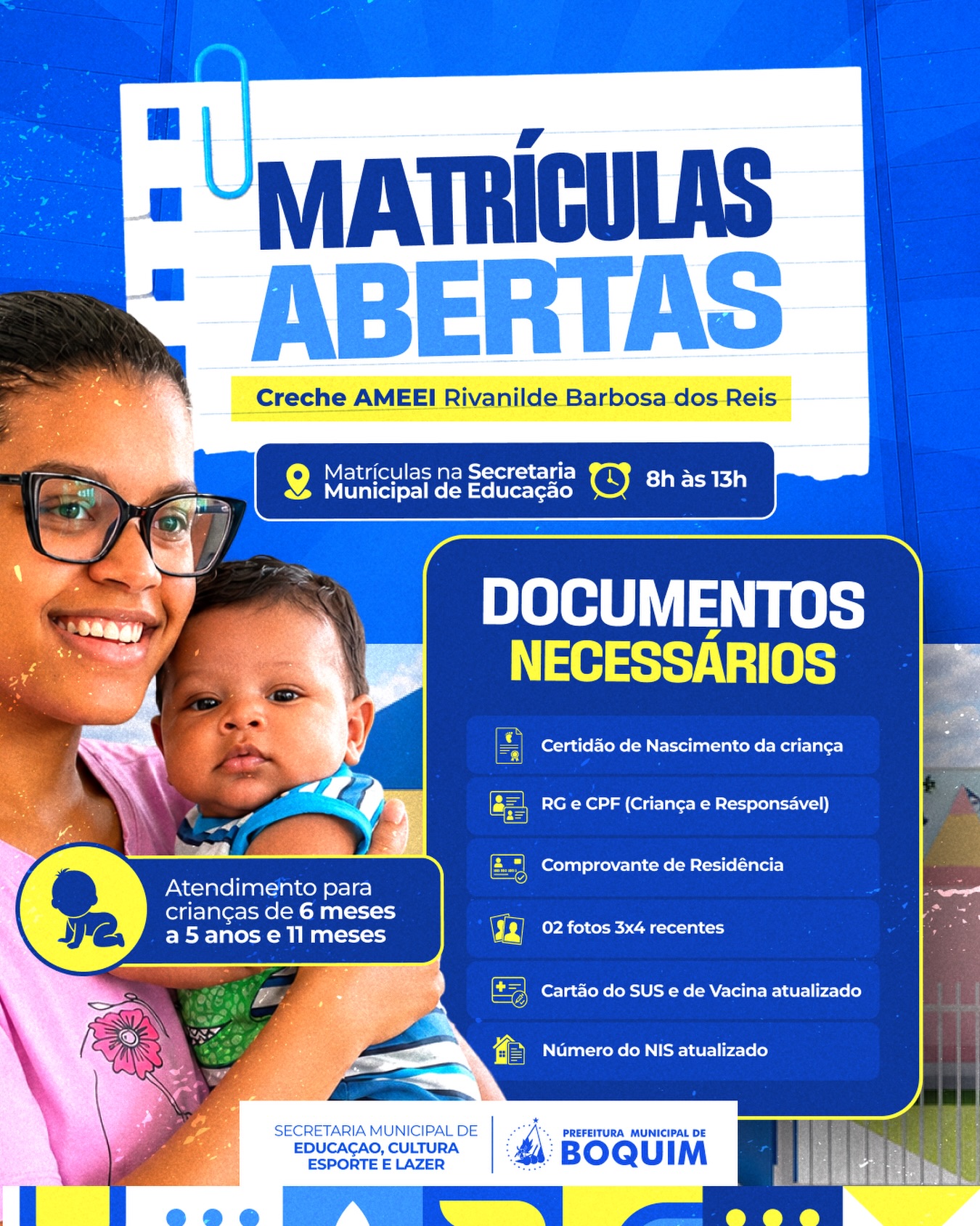 As matriculas da Creche AMEEI Rivanilde Barbosa dos Reis já estão abertas