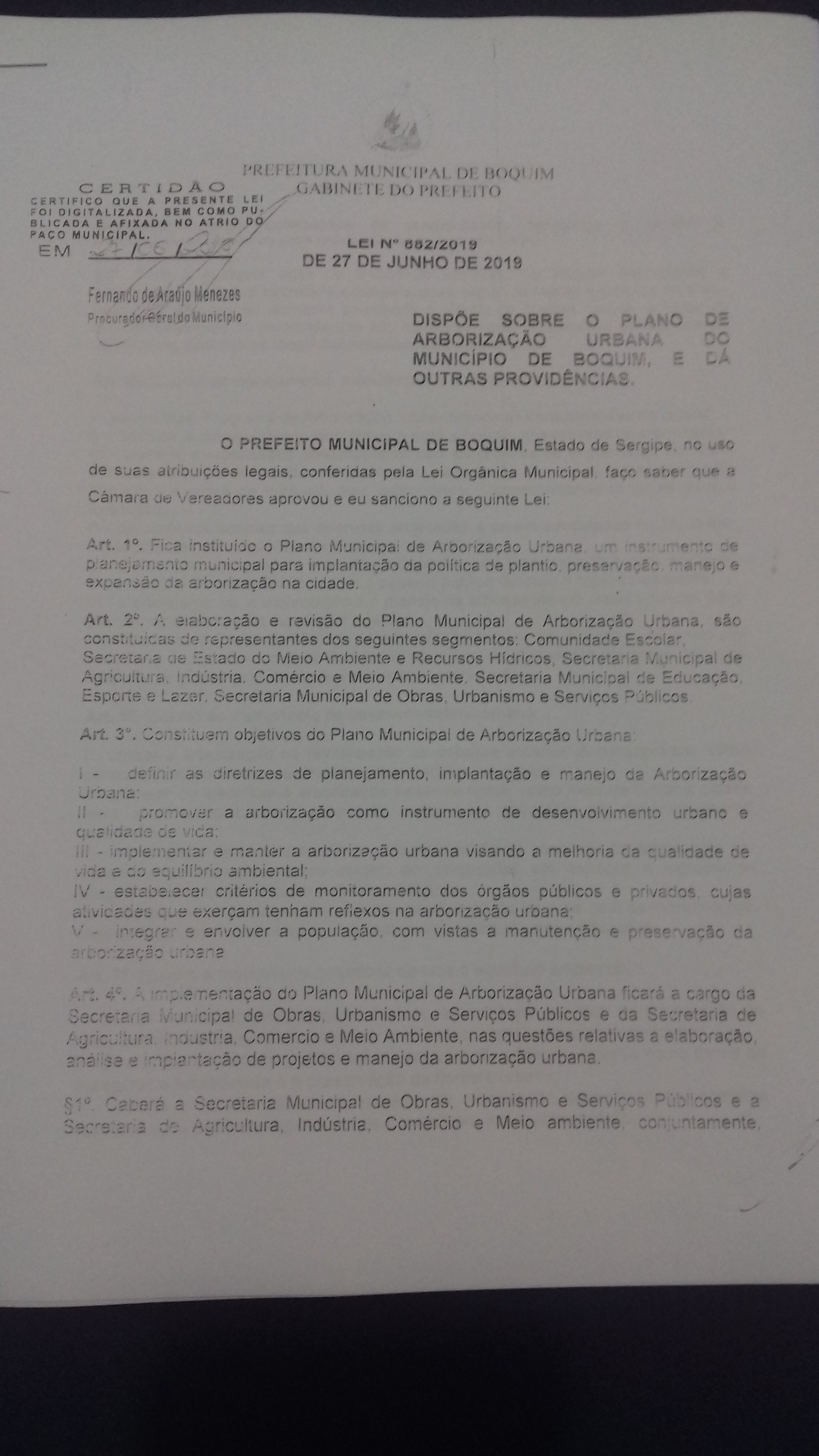 Prefeito Municipal sanciona a Lei nº 882 que trata do Plano de Arborização Urbana do Município