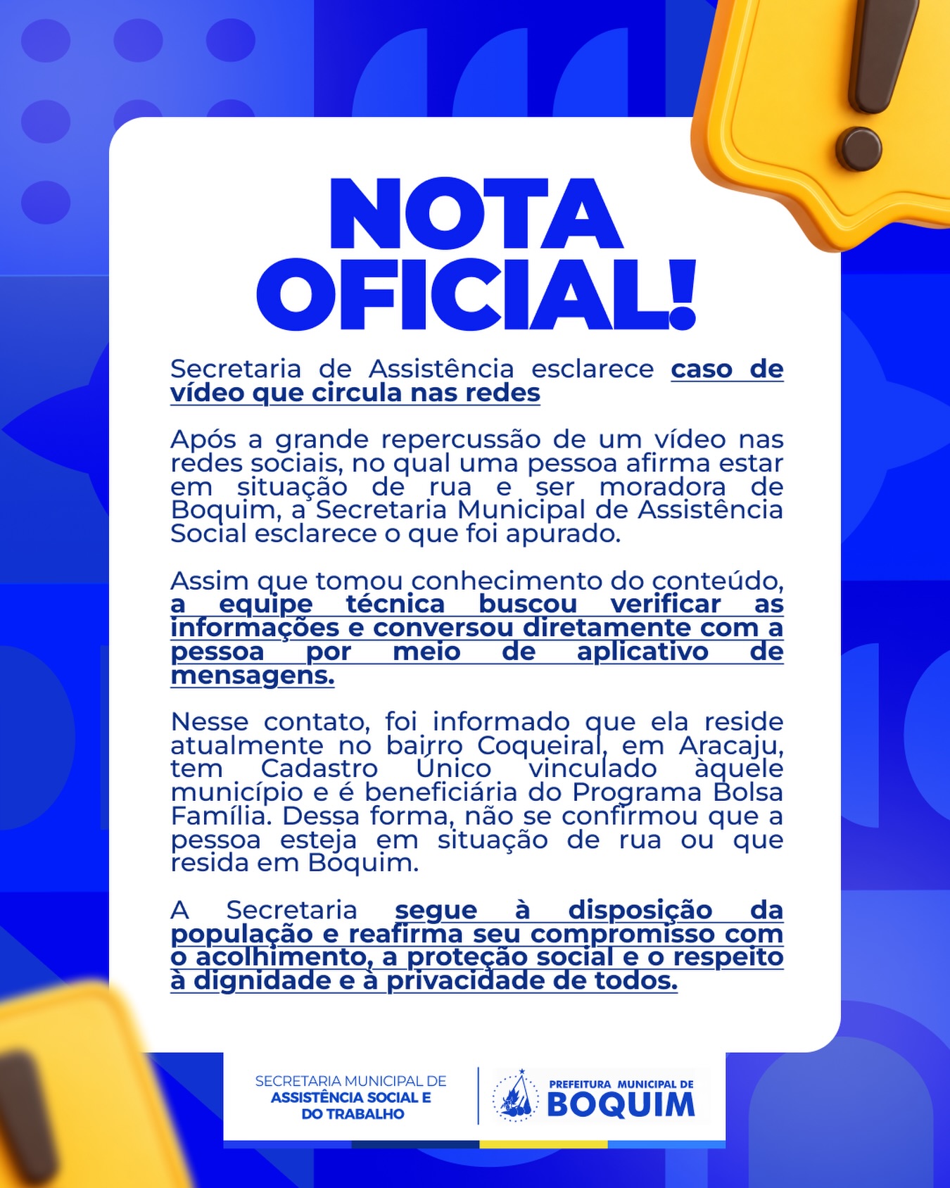 Secretaria de Assistência esclarece caso de vídeo que circula nas redes
