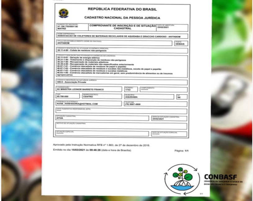 Associação de Coletores de Materiais Recicláveis de Aquidabã e Graccho Cardoso - AKITABOM, Agora possui CNPJ