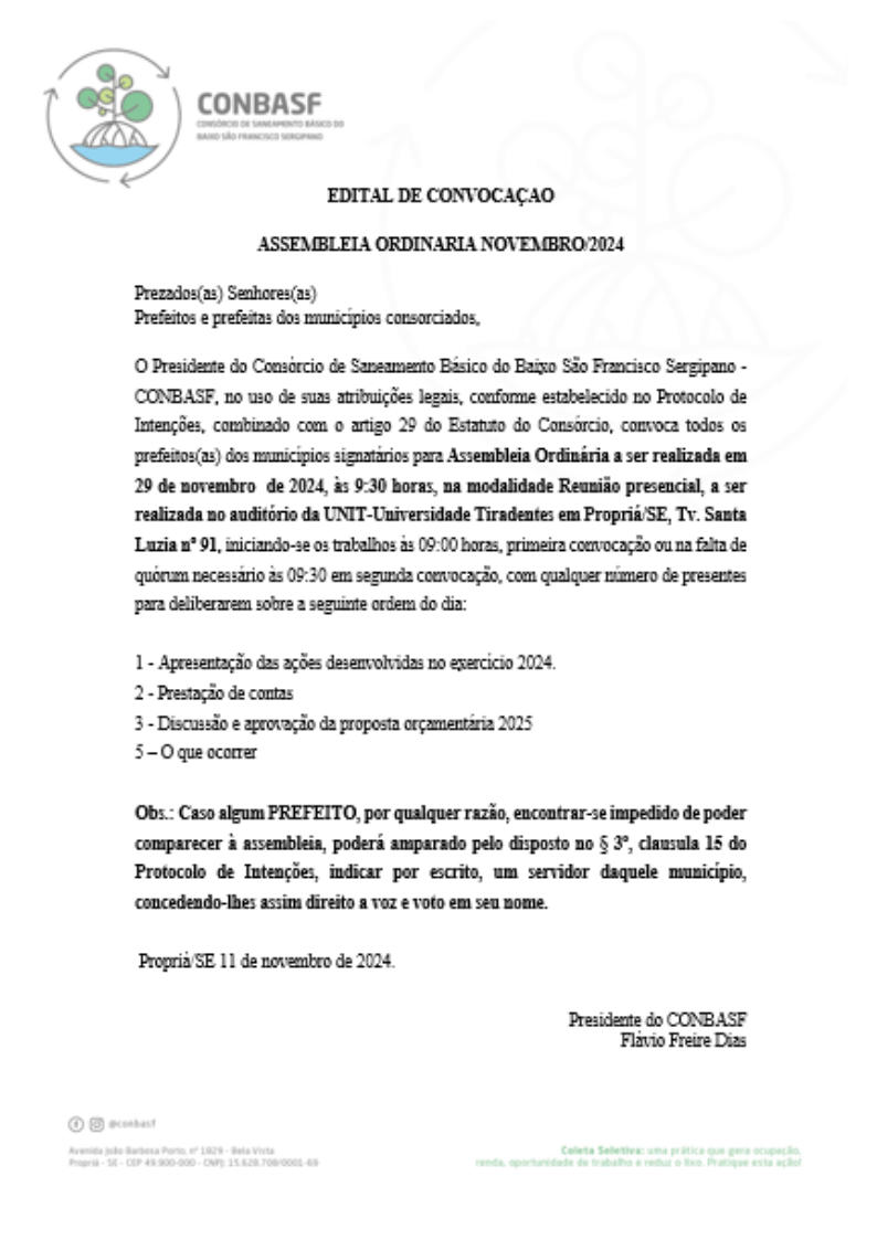 CONBASF CONVOCA PARA ASSEMBLEIA ORDINARIA 2024