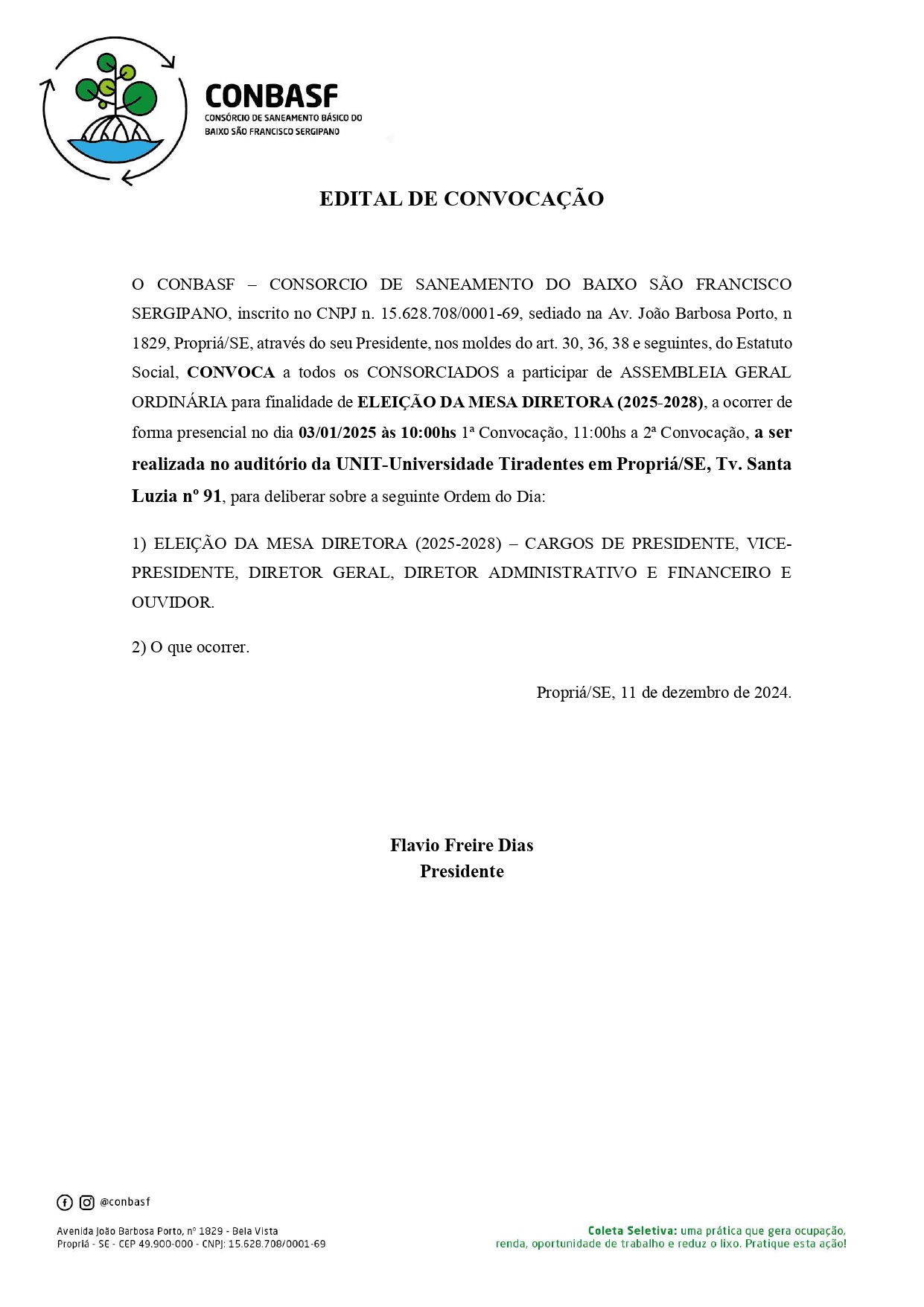 CONBASF CONVOCA ASSEMBLEIA ORDINARIA 2025 - Eleição de Diretoria (2025-2028)