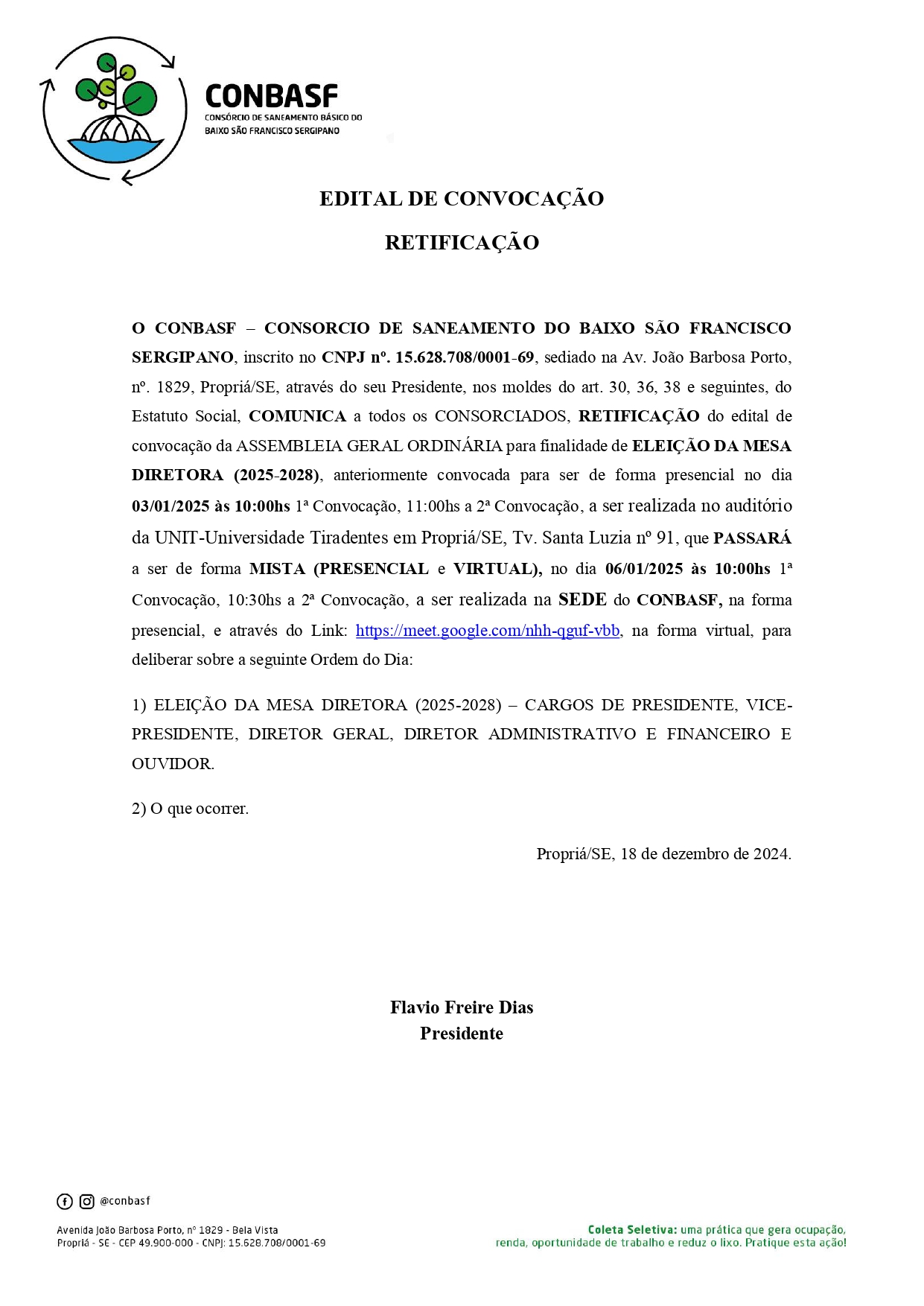 CONBASF RETIFICA CONVOCAÇÃO DE ASSEMBLEIA ORDINARIA 2025 - Eleição de Diretoria (2025-2028)