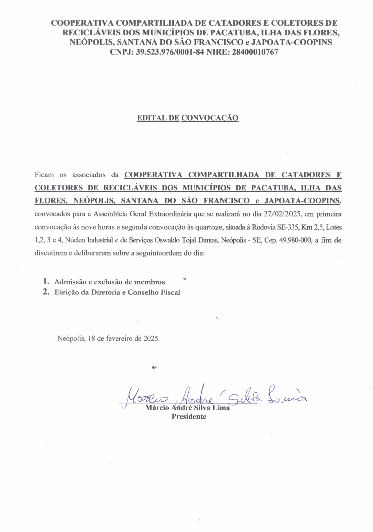 COOPINS CONVOCA ASSEMBLEIA GERAL, PARA ELEIÇÃO DO NOVA DIRETORIA