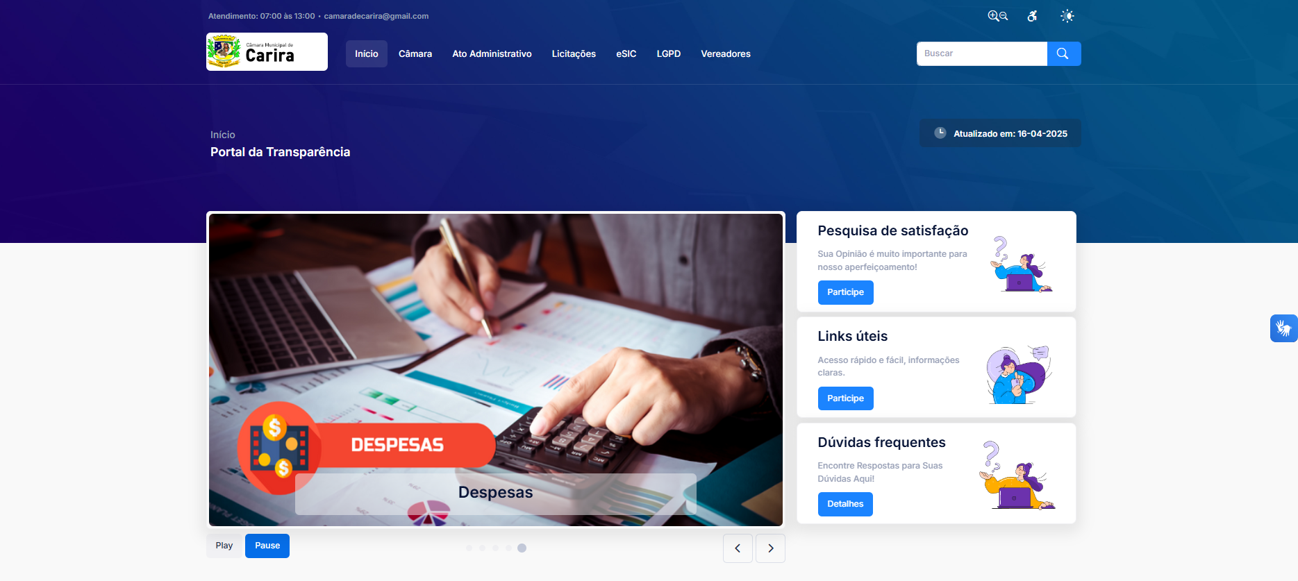 Portal da Transparência da Câmara de Carira com novo Layout e início das ações de reforço à transparência