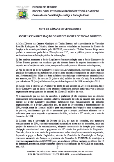NOTA DA CÂMARA DE VEREADORES