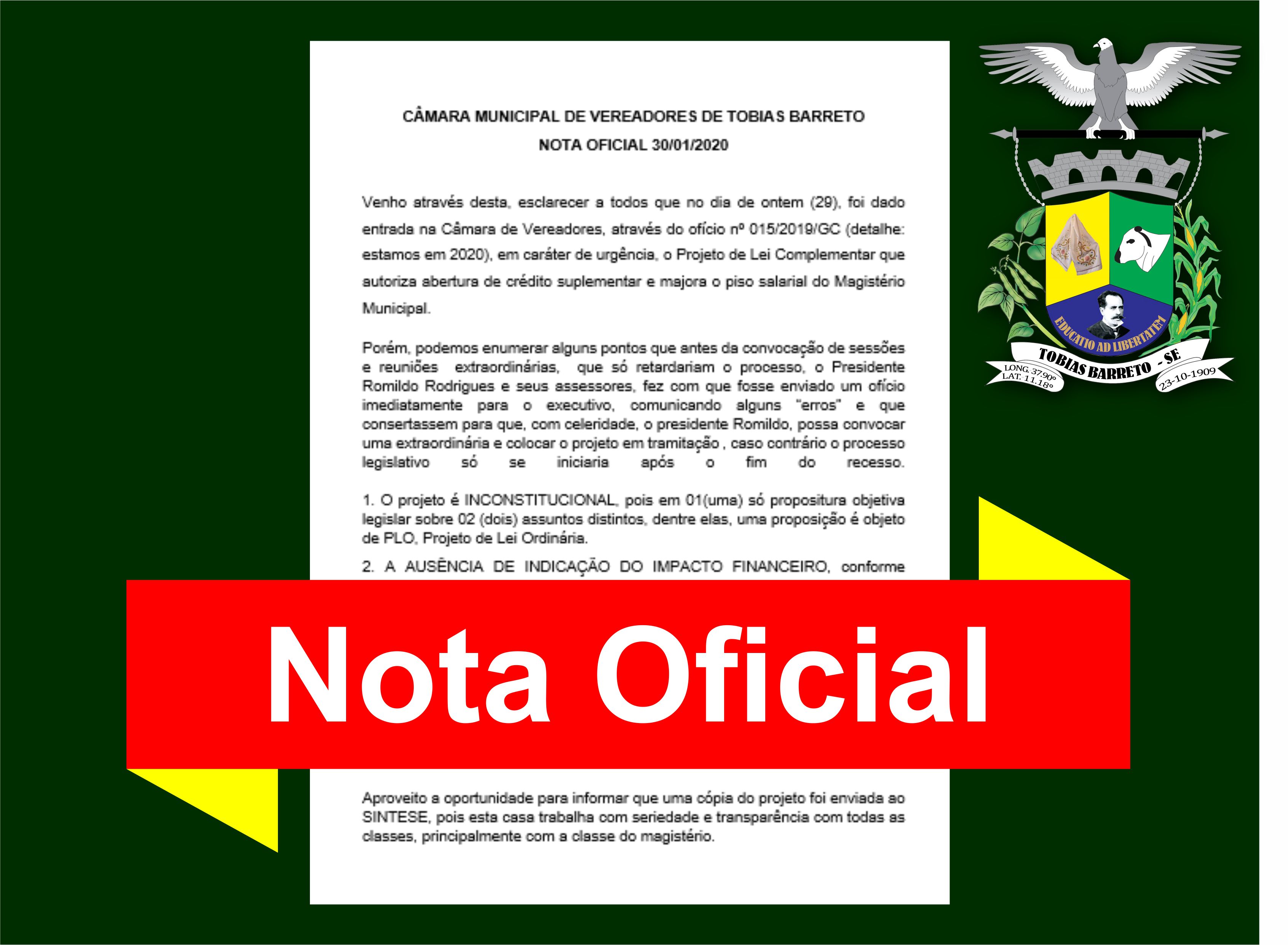 CÂMARA MUNICIPAL DE VEREADORES DE TOBIAS BARRETO NOTA OFICIAL 30/01/2020