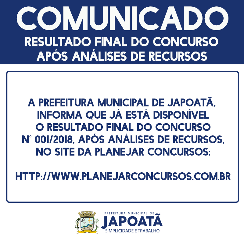 Resultado final do Concurso 2018 da Prefeitura de Japoatã.