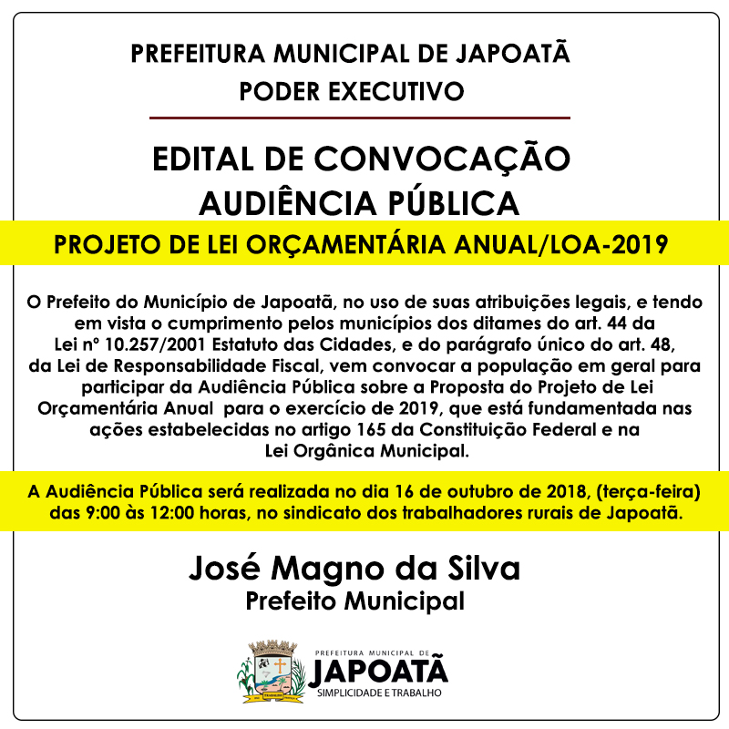 CONVOCAÇÃO DE AUDIÊNCIA PÚBLICA - LOA 2019