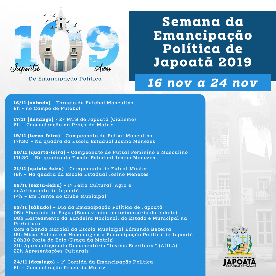 PROGRAMAÇÃO SEMANA DA EMANCIPAÇÃO POLÍTICA DE JAPOATÃ -109 ANOS DE HISTÓRIA