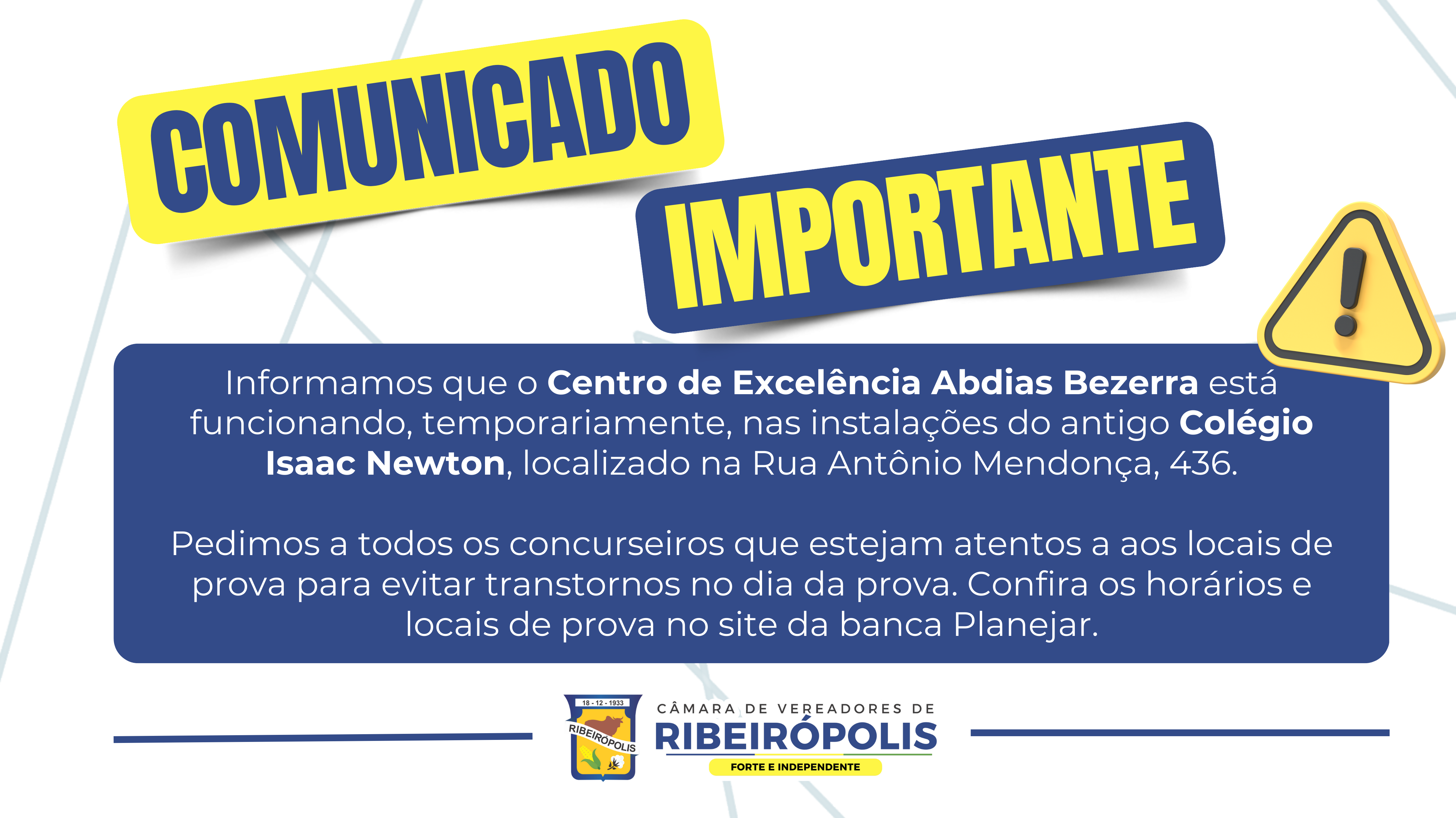 AVISO: o Centro de Excelência Abdias Bezerra está funcionando temporariamente na rua Antônio Mendonça, 436